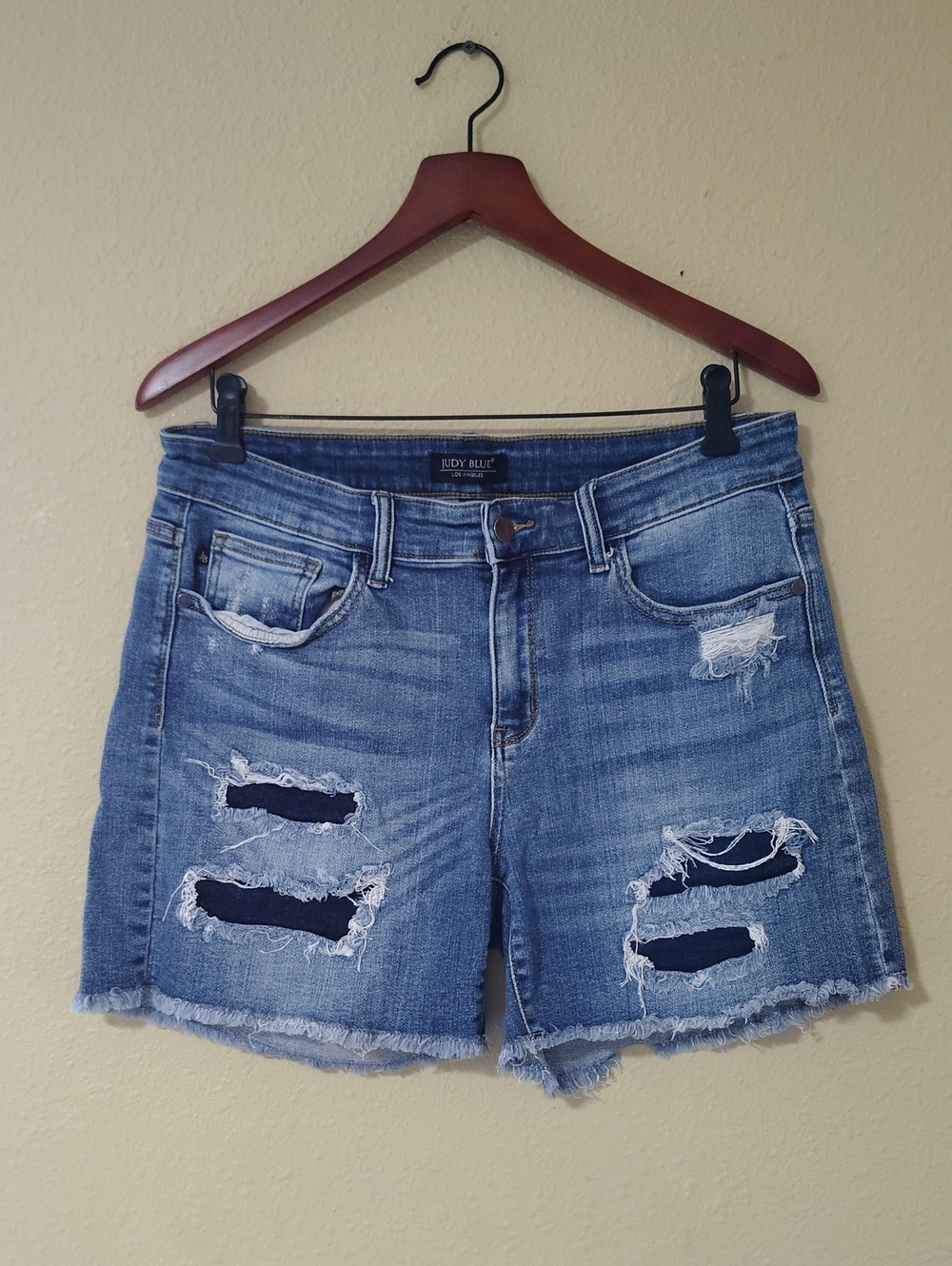 Judy Blue Cotton Distressed Denim Patch Cutoff Side Slit Shorts Patched Size XL